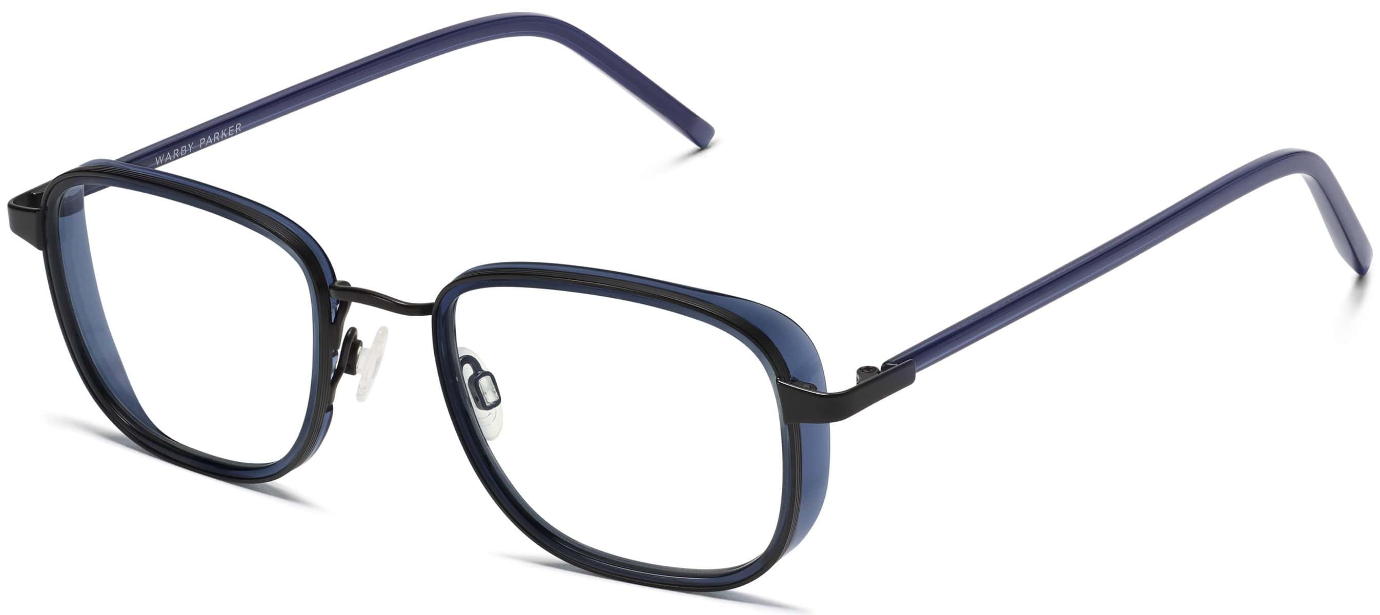 Angle View Image of Dante Eyeglasses Collection, by Warby Parker Brand, in Inlet Crystal with Brushed Ink Color Angle View Image of Dante Eyeglasses Collection, by Warby Parker Brand, in Inlet Crystal with Brushed Ink Color